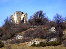 le château vu du Sud : au premier plan, un mur-bouclier barre l'éperon rocheux