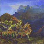 Les 3 Becs du Synclinal de Saoû au-dessus du vignoble des Auberts, tableau de Salomé automne 2015