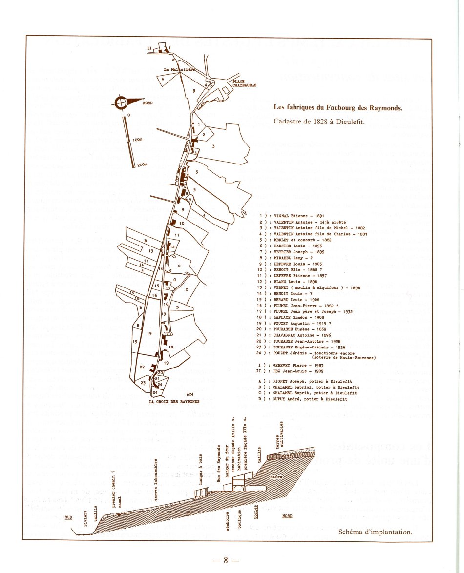 Plan cadastral des fabriques de poteries du Faubourg des Raymonds à Dieulefit, schéma d'implantation en coupe, 
 creusement dans le safre