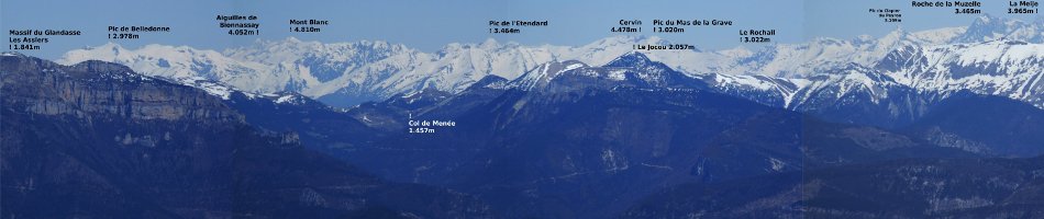 depuis la Servelle, vue panoramique vers le Mont-Blanc, le Cervin et la Meije